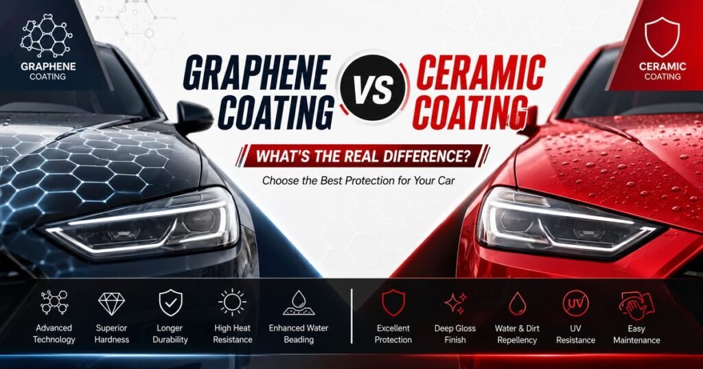 Graphene Coating vs Ceramic Coating comparison graphic for car protection services by Purbasha Car Detailing.